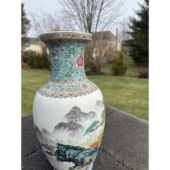 Vintage Chinese 14.5” Porcelain Vase Hand Painted Mountain Landscape Floral - Picture 4 of 8